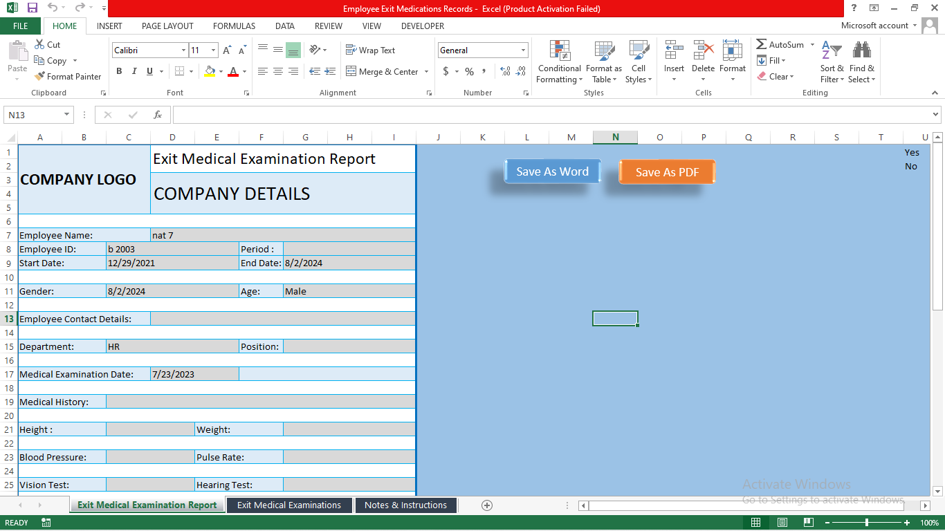 Employee Exit Medical Examination Template
