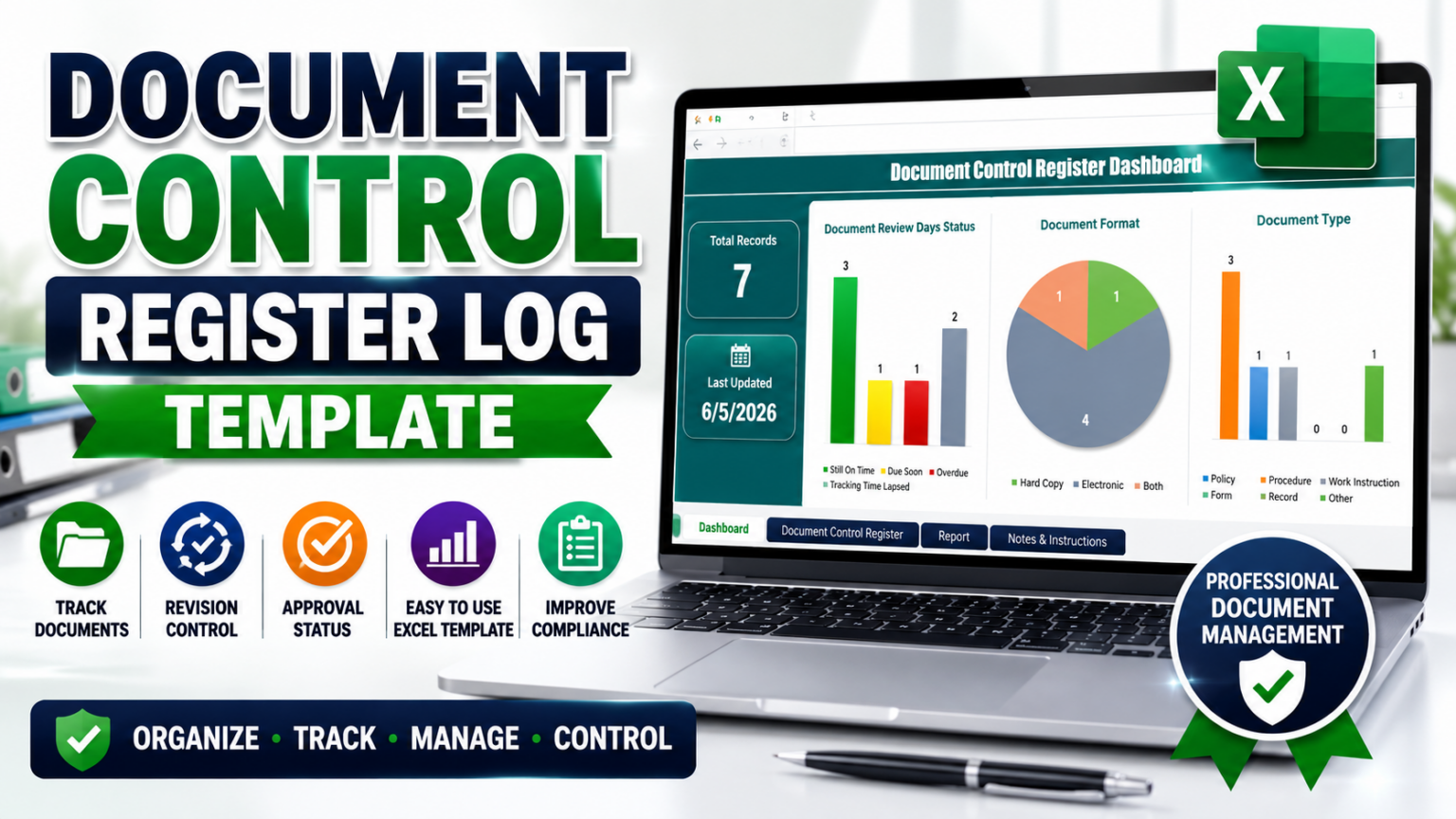 Document Control Register Template - Excel Data Entry Sheets